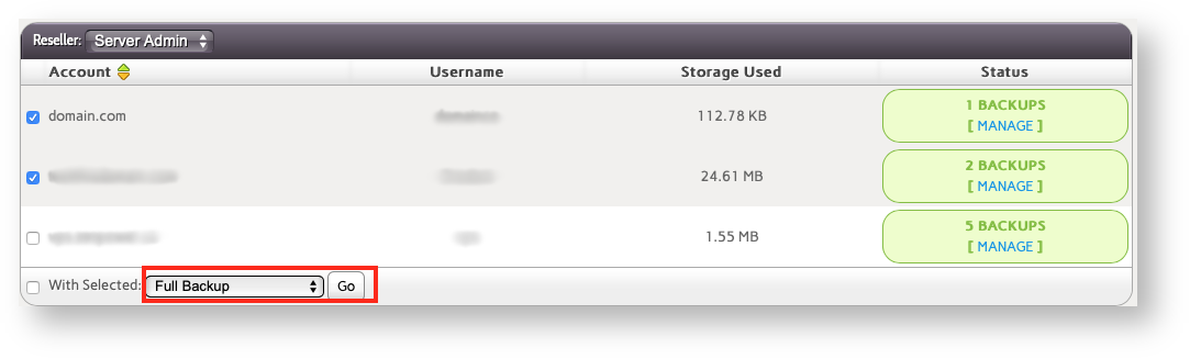 Select the Accounts to Backup and the Type of Backup and then Click Go Select the Accounts to Backup and the Type of Backup and then Click Go