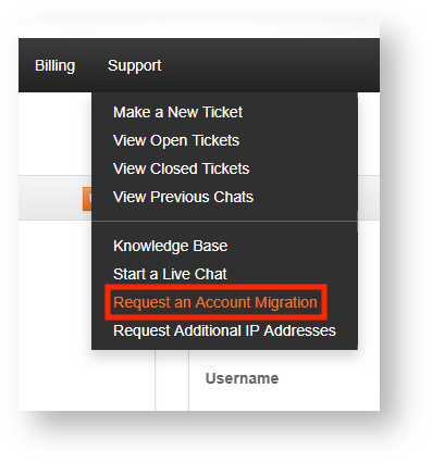Select Request an Account Migration from the Support Menu