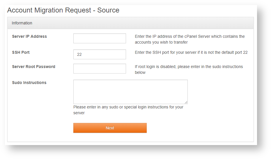 Fill in Your Source Server or Account Login Details