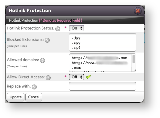 Base de conocimiento Hostdime > Setting up Hotlink Protection in SiteWorx > SiteWorx Edit Hotlink Protection.png (Fill in the Extensions to Protect, the Domains to Allow, Turn on the Protection and Click Update) Fill in the Extensions to Protect, the Domains to Allow, Turn on the Protection and Click Update