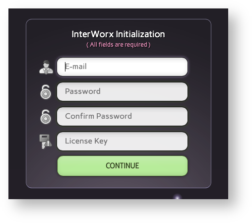 Base de conocimiento Hostdime > Install InterWorx > InterWorx Admin Screen Start.png (The Initial Admin Account Creation and InterWorx Licensing Screen) The Initial Admin Account Creation and InterWorx Licensing Screen