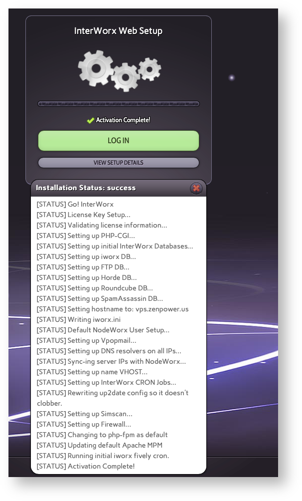 Base de conocimiento Hostdime > Install InterWorx > InterWorx Install Complete.png (InterWorx Installation is Complete) InterWorx Installation is Complete