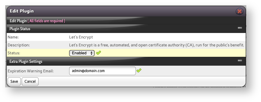 Base de conocimiento Hostdime > Enable Plugins in NodeWorx > InterWorx Lets Encrypt Plugin Options.png (Adjust Settings for the Plugin as Needed and Save Changes) Adjust Settings for the Plugin as Needed and Save Changes