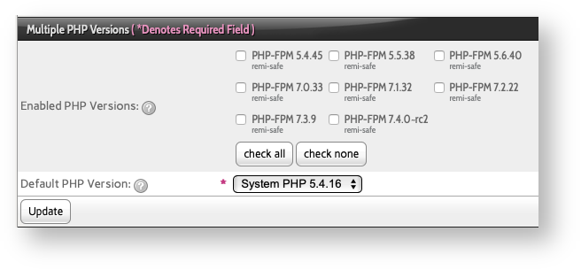 Base de conocimiento Hostdime > Enable Multiple Versions of PHP on an InterWorx Server > NodeWorx Select Multiple PHP Versions.png (Check the Box Next to the Versions of PHP you want to Enable and click Update to Install Them.) Check the Box Next to the Versions of PHP you want to Enable and click Update to Install Them.