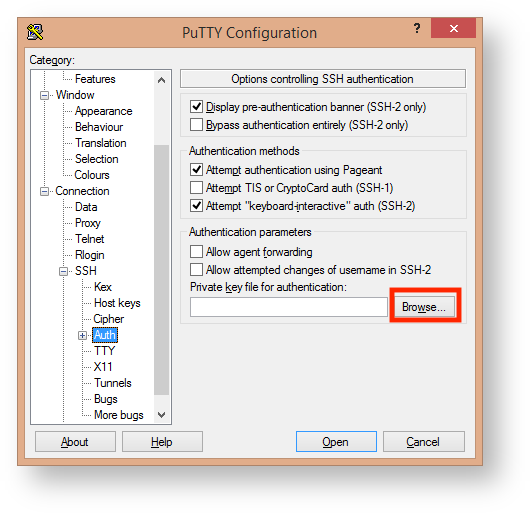Add your SSH Key to the SSH Auth Section of the PuTTY Configuration Screen Add your SSH Key to the SSH Auth Section of the PuTTY Configuration Screen