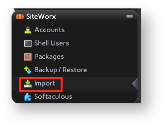 Base de conocimiento Hostdime > Migrate Accounts from Other Servers to InterWorx > InterWorx Import Feature.png (Select Import from the SiteWorx Section of the NodeWorx Interface) Select Import from the SiteWorx Section of the NodeWorx Interface