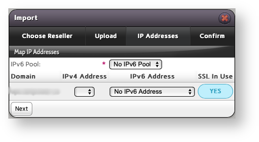 Base de conocimiento Hostdime > Migrate Accounts from Other Servers to InterWorx > InterWorx Import InterWorx and Assign IP.png (Select the IP Address to Assign to the Imported Account and Click Next) Select the IP Address to Assign to the Imported Account and Click Next