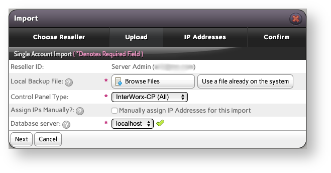 Base de conocimiento Hostdime > Migrate Accounts from Other Servers to InterWorx > InterWorx Import Single InterWorx Account File Selection.png (Choose the IP address and Database Server for the InterWorx Backup you Upload Now or Select from your InterWorx Server) Choose the IP address and Database Server for the InterWorx Backup you Upload Now or Select from your InterWorx Server