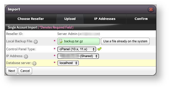 Base de conocimiento Hostdime > Migrate Accounts from Other Servers to InterWorx > InterWorx cPanel Account Backup Selected.png (Choose the IP address and Database Server for the cPanel Backup you Upload Now or Select from your InterWorx Server) Choose the IP address and Database Server for the cPanel Backup you Upload Now or Select from your InterWorx Server