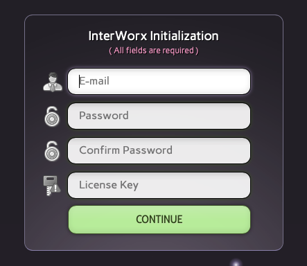 The Initial Admin Account Creation and InterWorx Licensing Screen