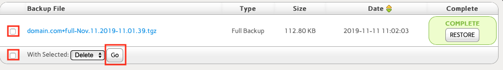 Select the Backups to Remove and click the Go Button