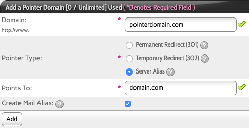 Fill in the Domain you Want to Point and the Domain you Want to Point to, Select the type of Pointing and Whether to Mirror Email Accounts on the Pointed Domain Then Click Add