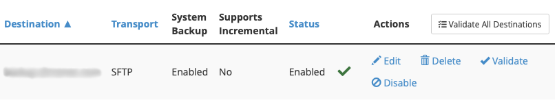 This is a view of the existing additional destinations table, which allows you to edit, delete, validate and enable or disable each destination