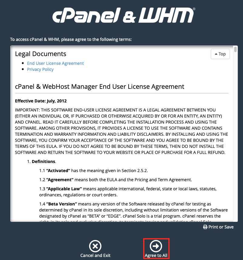 Accept the cPanel's End User License Agreement