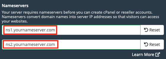 Enter the Default Nameservers for Domains that Resolve to this Server