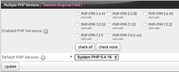 Check the Box Next to the Versions of PHP you want to Enable and click Update to Install Them.